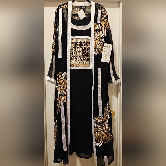 NWOT Ashro Black/Cream/Gold Nubian Dress w/Sheer Over Coat and Scarf - Picture 1 of 7